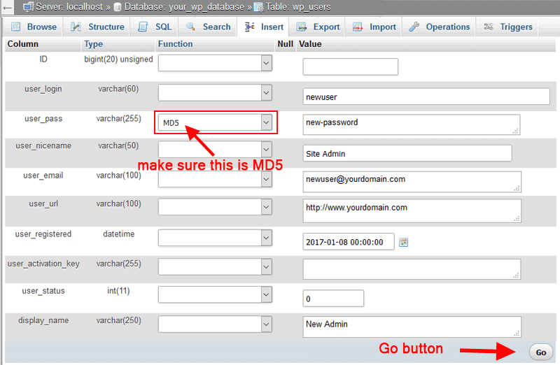 Inserting a New User in the WP Users Table - Create a WordPress Admin User via MySQL Database Using PHPMyAdmin