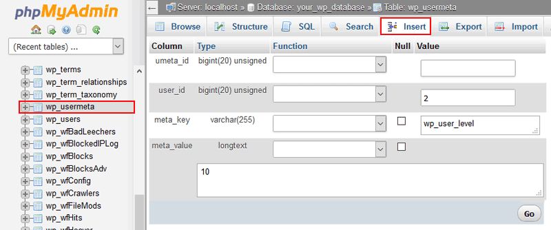 Create a WordPress Admin User via MySQL Database Using PHPMyAdmin WordPress Inser User Meta 2 - Create a WordPress Admin User via MySQL Database Using PHPMyAdmin