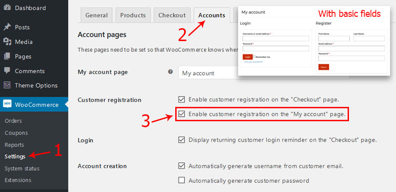 WooCommerce settings to enable the registration form - Custom Fields to WooCommerce Registration Form