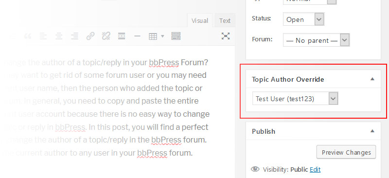 Topic and Reply Author Override metabox on the right side - bbPress Topic and Reply Author Change / Override