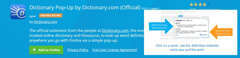 Dictionary Pop Up by Dictionary com - Must Have (or Try) Best Firefox Addons 2017